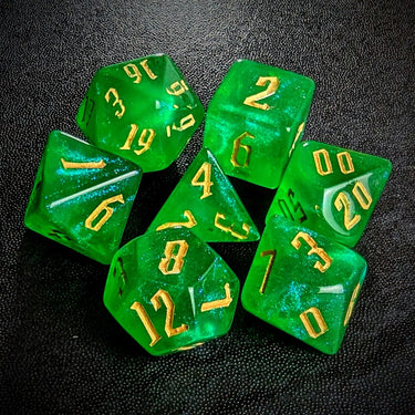 Glitter in Clear Green Acrylic - 7pcs RPG Full Dice Set Top